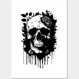 black skull with roses Posters and Art